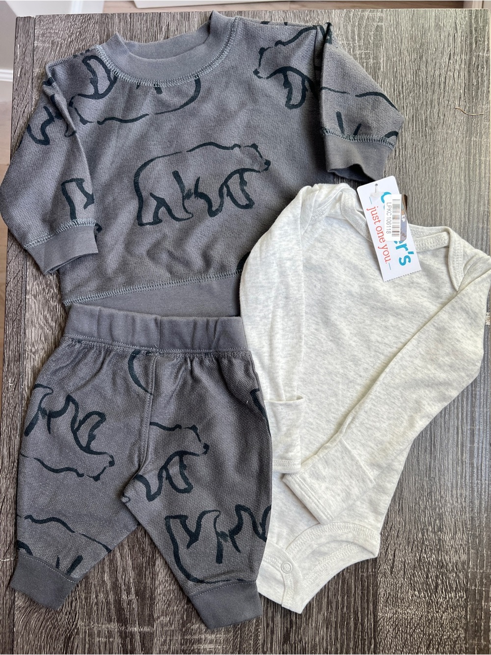 Carter's Gray Bear Sweatshirt & Pant Set with Cream Bodysuit
